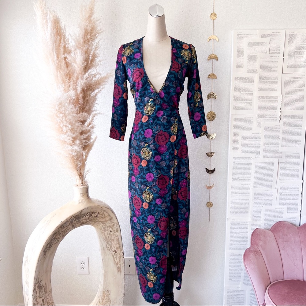 AMERICAN APPAREL Julliard Floral Print 3/4 Sleeve Surplice Midi Wrap Dress